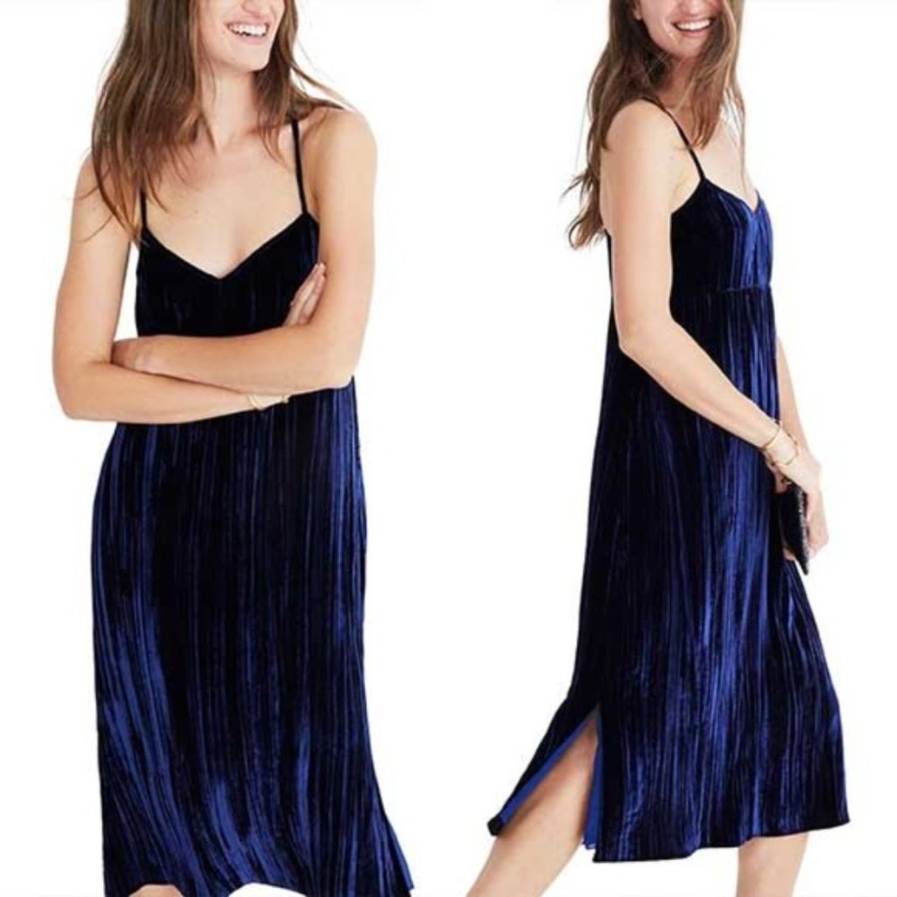 Madewell Crushed Velvet Slip Dress in Royal Blue